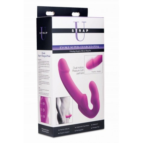 Розовый безремневой страпон с вибрацией Evoke Rechargeable Vibrating Strap On - 24,7 см.